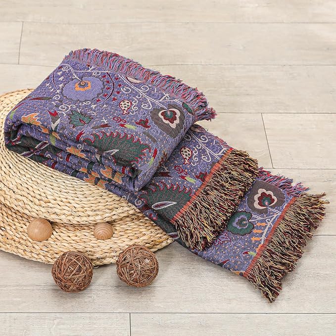Boho Fall Throw Blanket for Bed Purple Flowers,100% Ultra Cotton Soft Breathable Bed Throw Floral Printed Farmhouse Decor Rustic Bed Throws for Couch Sofa Quilt 80" x 90"