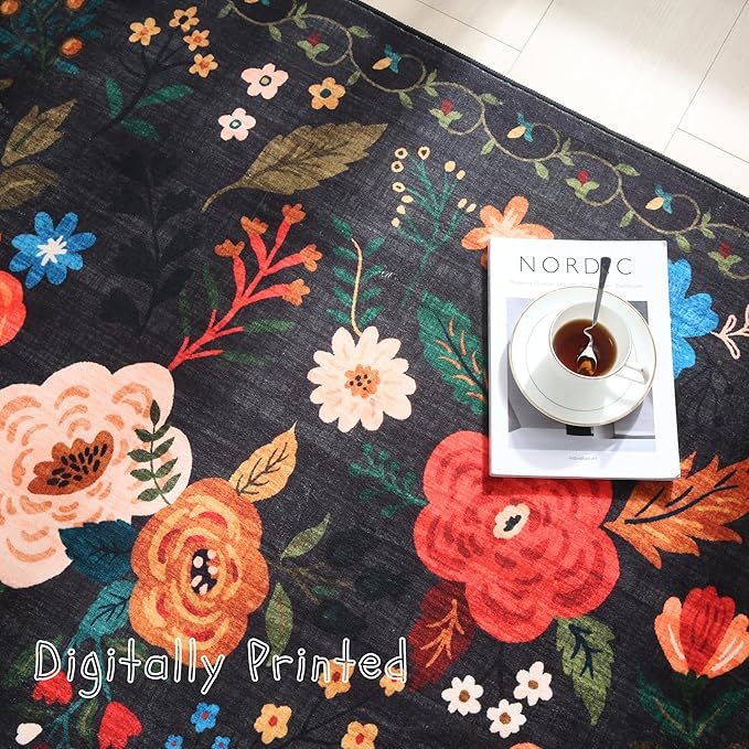 Bedroom Rug 3x5 Rug Washable Area Rug Non Slip Low Pile Boho Floral Small Carpet for Bedroom, Bedside, Kitchen, Entryway, Kids Room, Office, College Dorm Essentials for Girls(Black)