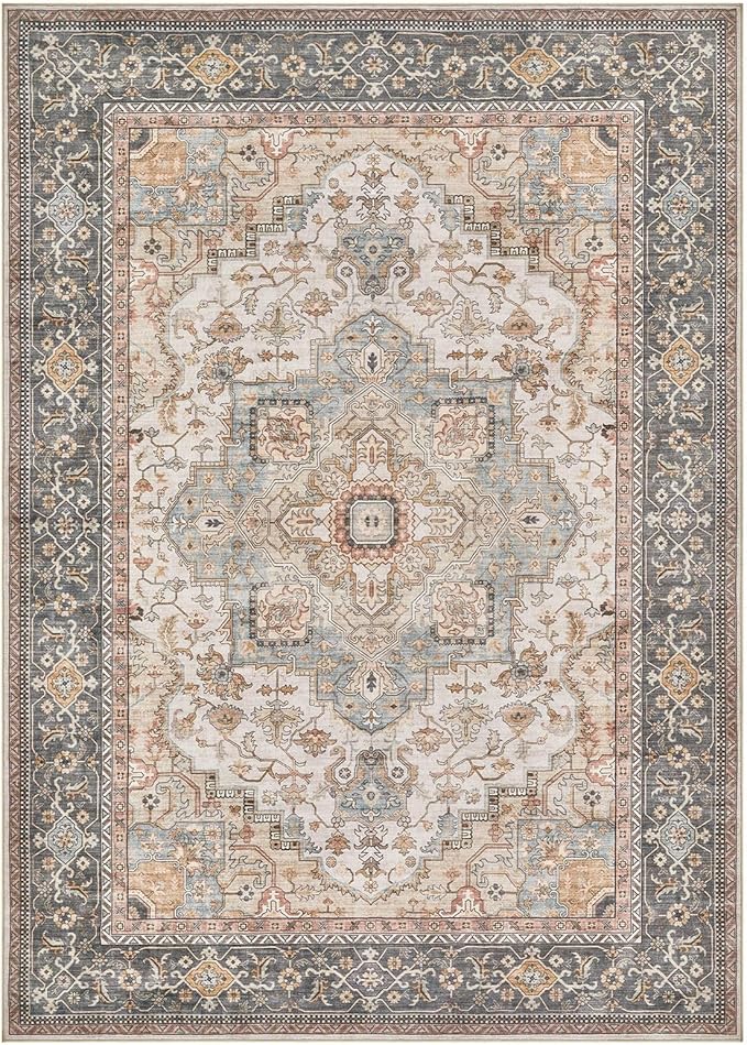 Washable Area Rugs for Living Room - 8x10 Neutral Vintage Distressed Floral Farmhouse Boho Large Soft Floor Rug Indoor Non Slip Carpet for Bedroom Dining Room Office -Forest Green Orange