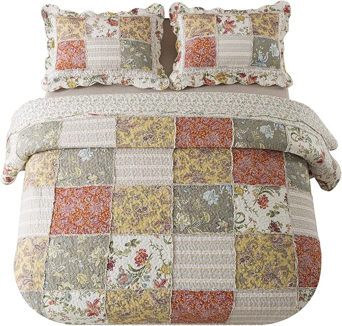 NEWLAKE Cotton Patchwork Bedspread, 3-Piece Bedding Quilt Set with Real Stitched Embroidery, Reversible Matelasse Bed Coverlet Set,Floral Paisley Grid with Lace,Queen Size