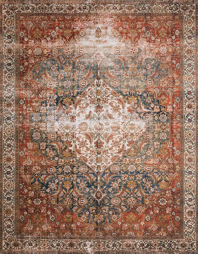 Loloi Layla Collection LAY-05 Ocean/Multi 5'-0" x 7'-6" .13" Thick Area Rug, Soft, Durable, Vintage Inspired, Distressed, Low Pile, Non-Shedding, Easy Clean, Printed, Living Room Rug