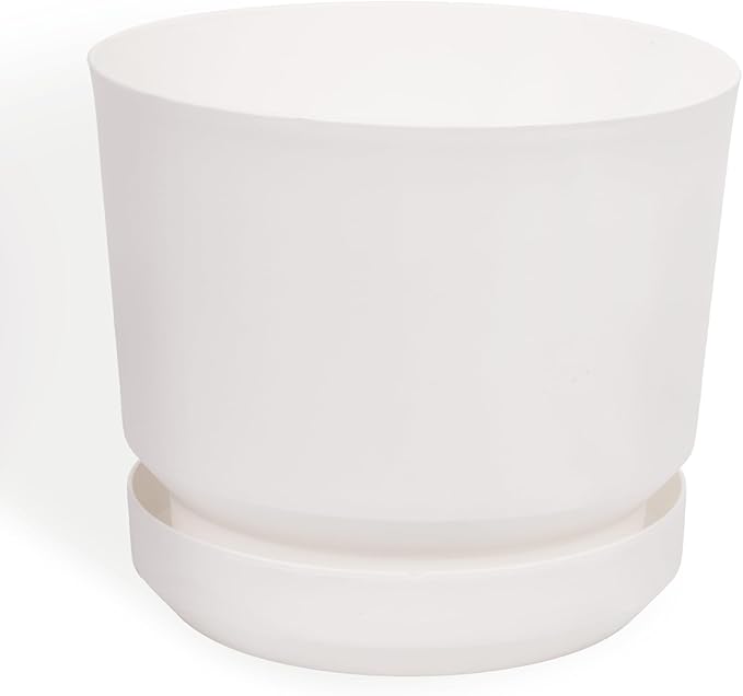 Elly Décor 10 inch Plastic Cylinder Planter Pot with Self-Watering Saucer and Drainage Hole,Lightweight & Extremely Durable, 10"x 10", White