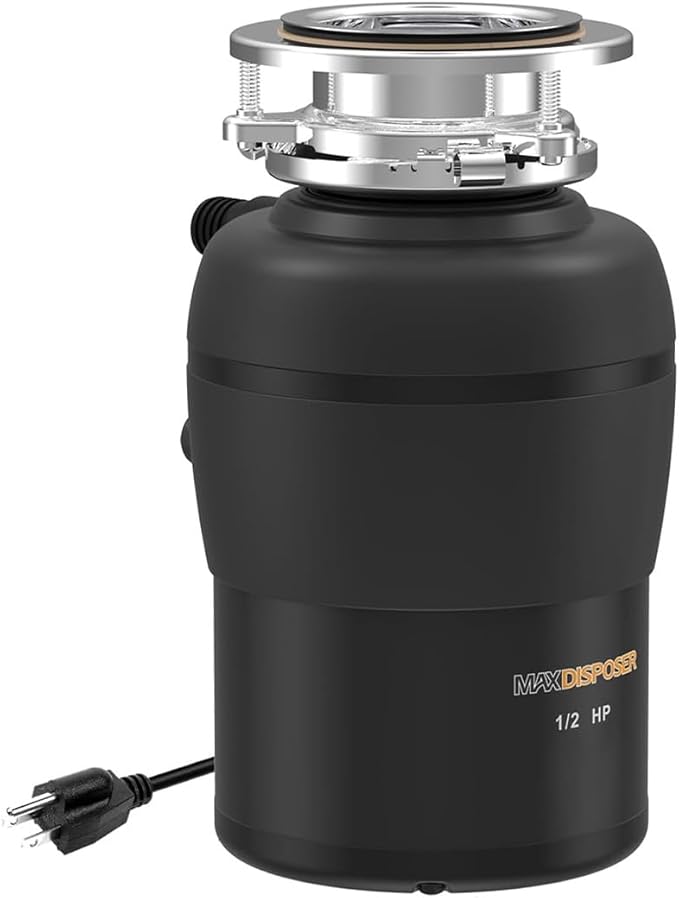 Garbage Disposal 1/2 HP Easy install Quiet with Stopper Power Cord, Kitchen sink Food Waste Disposer Continuous Feed, Stainless Steel Grind Half Horsepower AC Motor Unit (MAX-3)