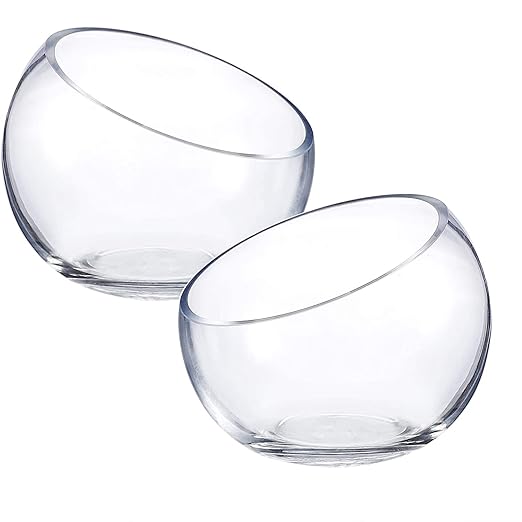 WHOLE HOUSEWARES | Slant Cut Bowl Glass Vase, Width 6.3", Height 5", Clear Terrarium Jar, Candy Jar, Fruit Jar, Floral Container for Wedding Party Event, Home Office Decor, 1 Piece