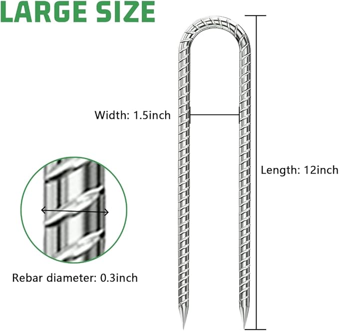 Ground-Stakes-Heavy-Duty-12 inch, U-Hook Rebar Stakes Galvanized Anti-Rust 20pcs Garden Stakes Metal Ground Anchors for Garden Dog Fence Chicken Coop Tent Trampoline Accessories Deer Fence