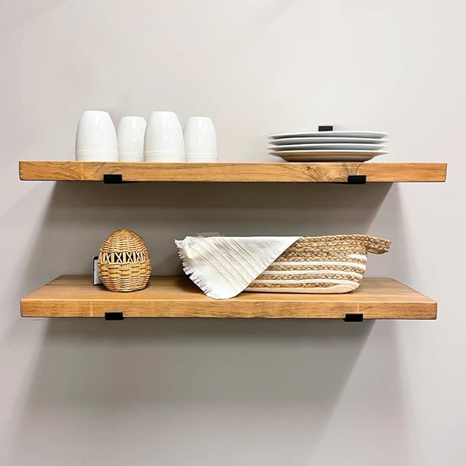 Rustic Shelves with J-Brackets Set of 2, Industrial Shelf, Kitchen Shelves, Solid Wood, Decorative Wall Storage, Heavy Duty, URBANDI (Brown, 24Wx12D)