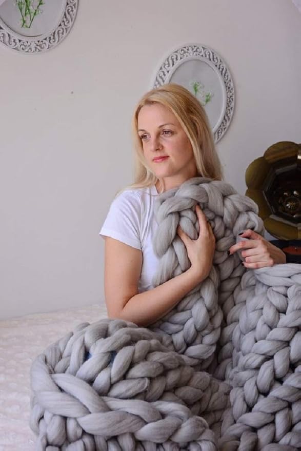 Chunky Knit Blanket Soft Handmade Knitting Throw for Bedroom Sofa Decor Super(Light Gray 60"x60")