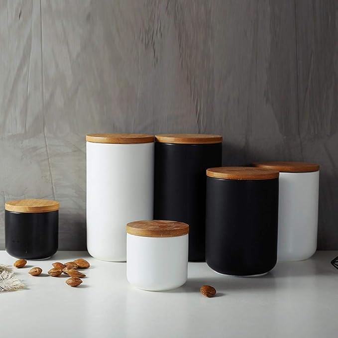 Ceramic Food Storage Jar Canister Modern Design Food Canisters with Airtight Seal Bamboo Lid, Loose Tea Coffee Spice Nuts Snacks Storage Jar Canister (Black 33.81oz/1000ml)