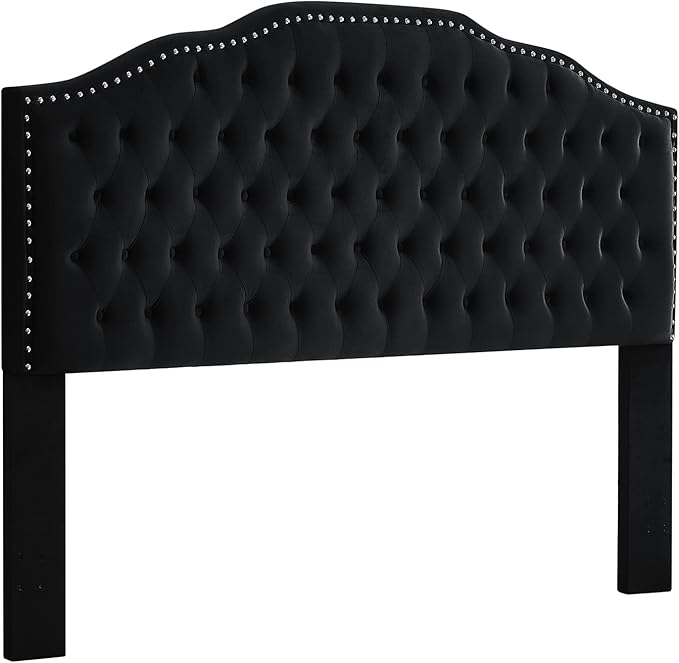 24KF Upholstered Button Tufted King Size Headboard with Nailhead Trim, Soft Velvet Fabric Headboard King/Cal King Size-Black