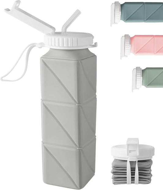 Opard Collapsible Water Bottles 21 Oz - BPA Free, Leak Proof, Foldable Silicone Collapse Water Bottle with Straw, Easy to Compact and Expandable, Travel Essentials Accessories (Grey)