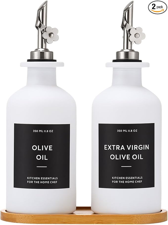 HOMCDALY Olive Oil Dispenser for Kitchen, 11.8oz Glass kitchen Dispenser Bottle, White Oil&Vinegar Cruet Set, Leakproof Oil Bottle for Cooking| Set of 2 (11.8oz – White)