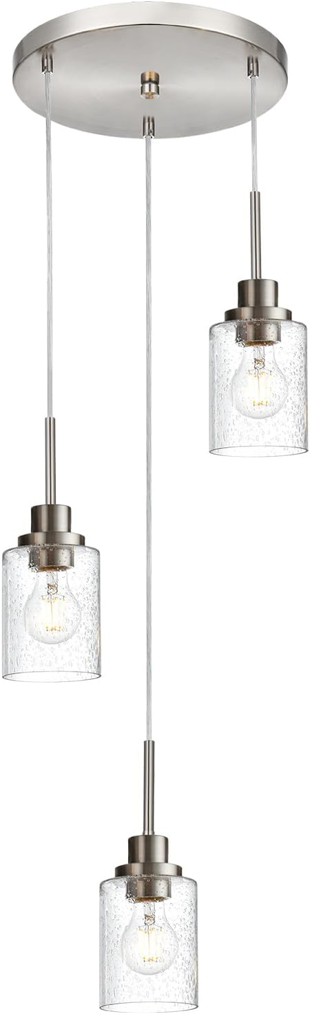 3-Light Contemporary Pendant Lighting with Clear Seeded Glass,Brushed Nickel Dining Room Chandelier Light Fixture Modern Kitchen Island Cluster Hanging Ceiling Pendant Lights for Sink Bar