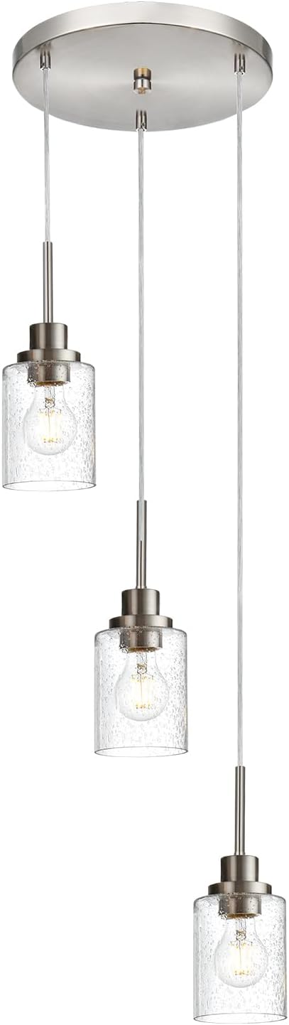 3-Light Contemporary Pendant Lighting with Clear Seeded Glass,Brushed Nickel Dining Room Chandelier Light Fixture Modern Kitchen Island Cluster Hanging Ceiling Pendant Lights for Sink Bar