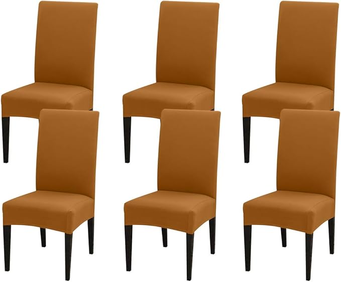 JQinHome 6 Pcs Dining Chair Slipcover,High Stretch Removable Washable Chair Seat Protector Cover for Home Party Hotel Wedding Ceremony (Camel)