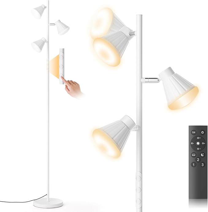 36W LED Tree Floor Lamp, Dimmable Tall Standing Lamp with Remote & Touch Control, 4 Color Temperatures Bright Floor Lamp, 3 Rotatable Light Modern Floor Lamps (White)