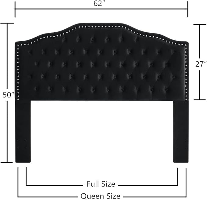 24KF Upholstered Button Tufted Queen Size Full Size Headboard with Nailhead Trim, Soft Velvet Fabric Headboard Queen/Full Size Headboad-Black