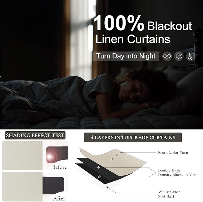 DANCURTON 78 Inch Long Linen Blackout Curtains 2 Panels Set for 76-80 Inch Window Drapes Back Tab Rod Pocket Pleated Boho Room Darkening Curtains for Sliding Glass Door Thermal 52x78 in Length Beige