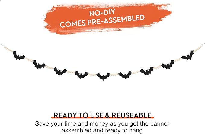 2 Packs Halloween Decorations Garland, Felt Bats Halloween Decor Banner with Wood Beads for Fireplace Mantel Fireplace Home Indoor