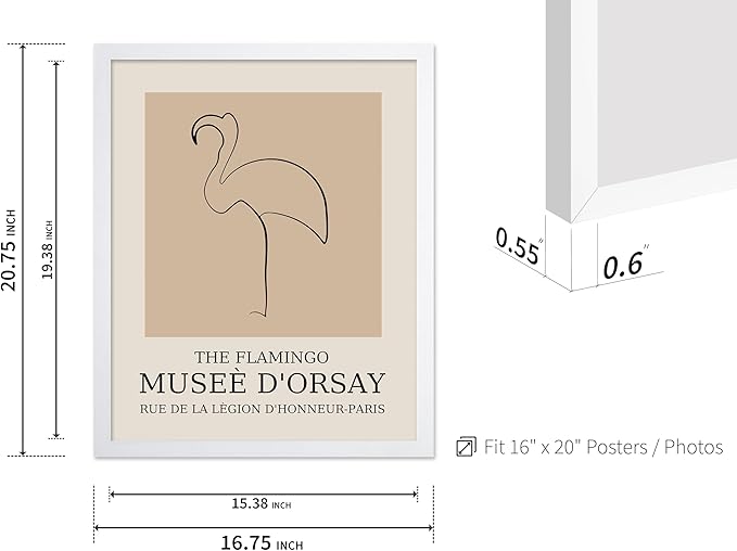 Poster Master Vintage Poster - Retro Minimalist Print - Gift for Artist, Housewarming - Flamingo, Line Drawing, Sketch, Abstract - Wall Decor for Living Room, Bedroom, 16x20 White Framed