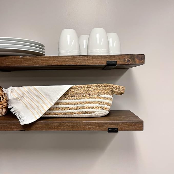 Rustic Shelves with J-Brackets Set of 2, Industrial Shelf, Kitchen Shelves, Solid Wood, Decorative Wall Storage, Heavy Duty, URBANDI (Provincial, 36Wx12D)
