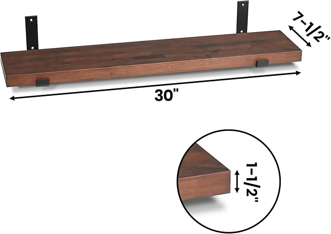 CONSDAN Floating Shelves for Wall Mounted Book Shelf Hanging Shelves Floating Bookshelf for Bedroom, Bathroom, Living Room, Kitchen USA Grown Solid Hardwood, Dark Maple 30x7.5x1.5 in (Set of 2)