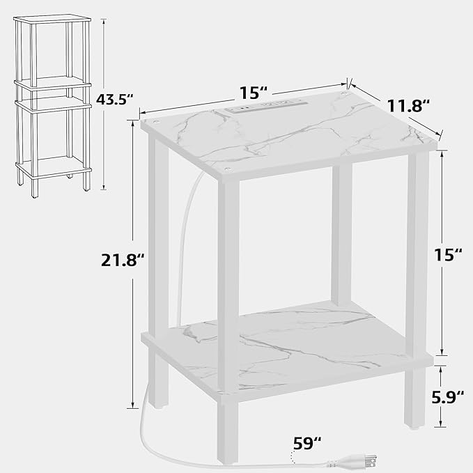 TUTOTAK End Table with Charging Station, Set of 2, Small Side Table, Nightstand Bedside Table, 2-Tier Storage Shelf for Small Space, Living Room, Bedroom, Marble White TB01BMW041
