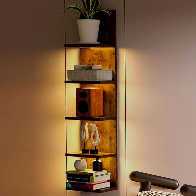 5 Tier Wall Shelf Unit, Modern Vertical Lack Wall Shelves with Light, Wall Mount, Floating Column Home Decor Shelves for Bedroom, Living Room, Vanity Storage Display(Dark Brown)