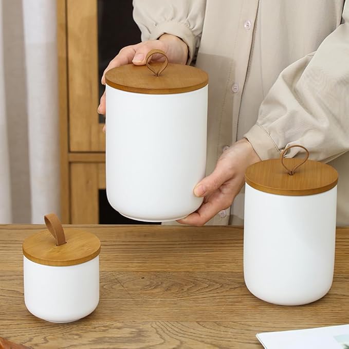 YYW Kitchen Canister Set for Countertop Set of 3, 9/28/45 oz Ceramic Food Storage Containers with Airtight Wood Lids, Food Saver Jars for Coffee, Tea, Candy, Flour(Three-piece suit in white)