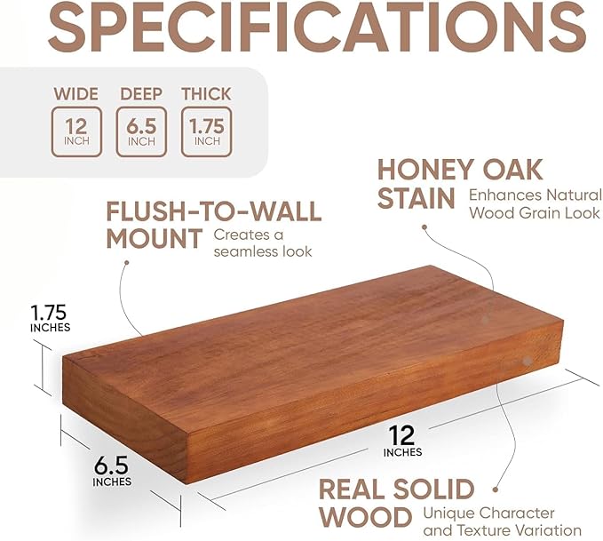 Homeforia 12 inch Oak Floating Shelf, High End Solid Real Wood 12inch Small Floating Shelves for Wall Mounted, Honey Oak Wooden 12in Floating Shelves, Heavy Duty Bracket, 12 X 6.5 X 1.75 in, Set of 4