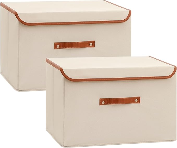 Tuza 2 Pack Large Fabric Storage Bins with Lids, Foldable Storage Boxes with Lids for Organizing, Decorative Storage Boxes with Handles for Home, Bedroom, Closet, Office(Khaki, Extra Large)