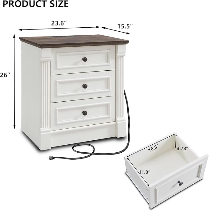26" Tall Farmhouse Nightstand, 3 Drawers End Table w/Charging Station, 23.6" Wide Large Side Table w/Roman Column, Wood Rustic Sofa Table for Bedroom, White