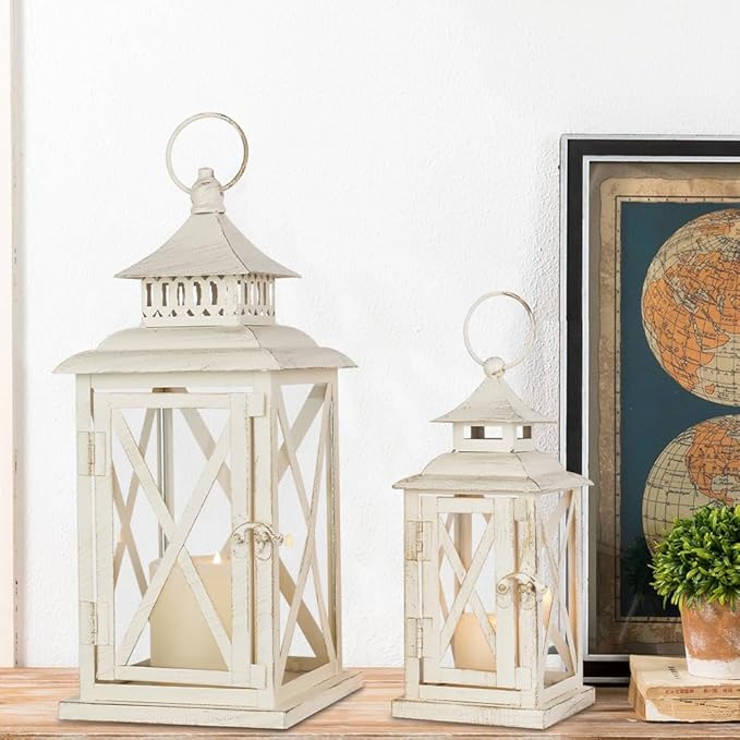 Lanterns Decorative Outdoor&Indoor, Set of 2 (14"&10") Beige Metal Lantern Decor with Glass, Candle Holder for Porch, Patio, Garden, Balcony, Wedding, Table Centerpiece