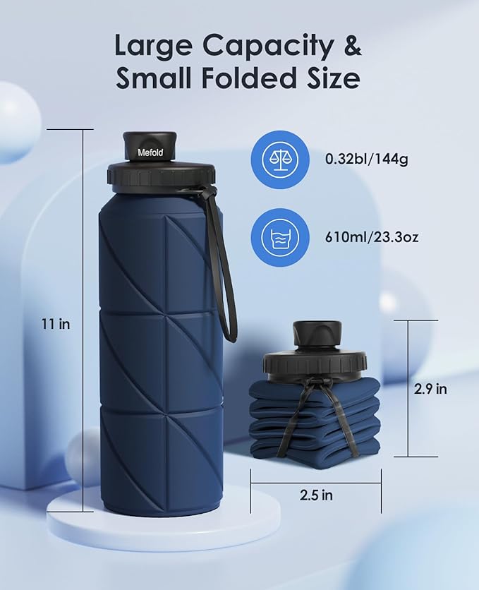 Collapsible Water Bottles,Leakproof BPA Free Silicone Foldable Portable Water Bottle 690ml(23oz),Lightweight Reusable Water bottle for Travel Cycling Gym Camping Sports Outdoor, DarkBlue