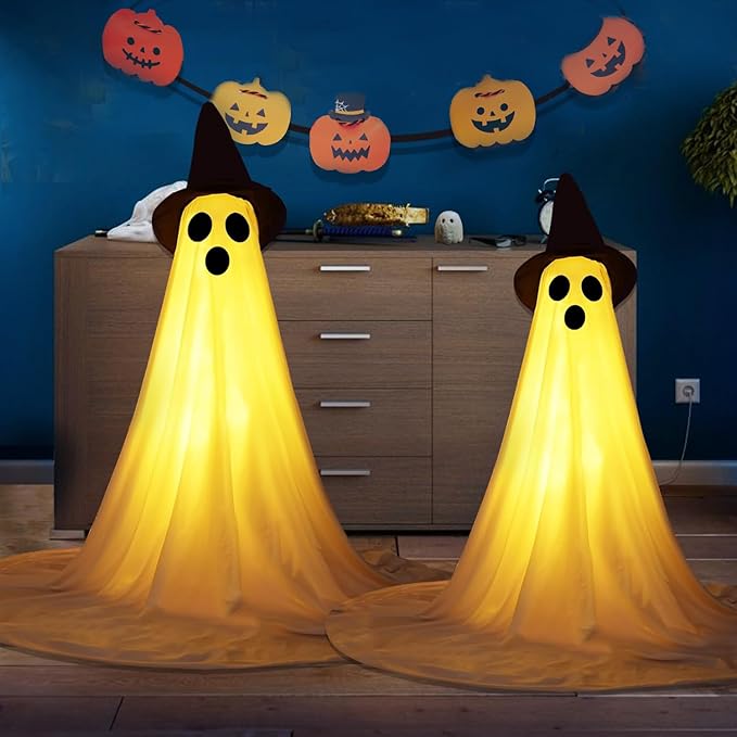 2 Packs Halloween Ghost Outdoor Decorations, 59” Light Up Ghost Decor with Remote Control, Adjustable Height Standing Halloween Lighted Ghost Kit with Witch Hat Ideal for Porch, Garden, Yard