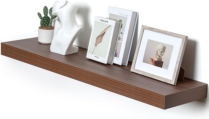 12 Inch Deep Floating Shelves, 48W x 12D Rustic Large Floating Shelves, Deep Walnut Wood Wall Shelves Set of 1 for Living Room Bathroom Laundry Room Bedroom Kitchen Home Office - Walnut