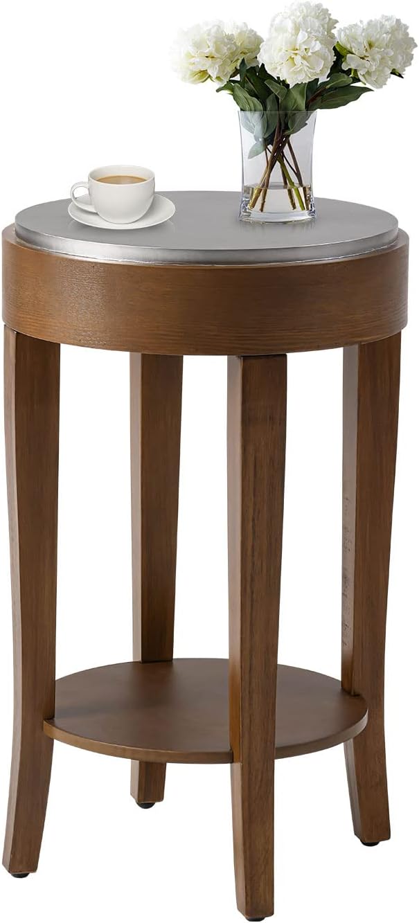 COSIEST Round End Table, 2-Tier Classic Brown Side Table, Farmhouse Wood Accent Table with Storage Shelf for Living Room, Bedroom, Office, Distressed Glaze Finish