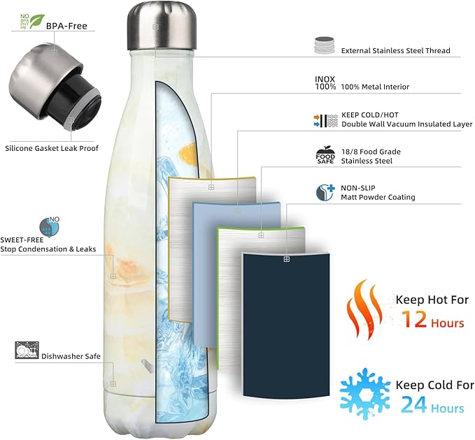 Insulated Water Bottles,17 oz Double Wall Stainless Steel Vacumm Metal Flask for Sports Travel,Marble Jade