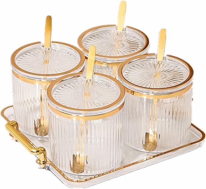 Acrylic Condiment Spice Jars,Condiment Spice Box With Lids and Spoons and Tray,Clear Plastic Sugar Salt Canisters,Seasoning Box 4 Pack,Seasoning Box Set for Kitchen to Storage Salt,Paprika,Sugar