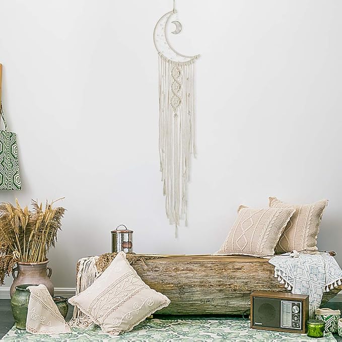 MOONFLY Dream Catcher with Handmade Moon Star Design Woven Cotton Dream Catchers Boho Macrame Wall Hanging Home Decoration Ornament Craft Gift (White Moon)