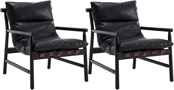 Kmax Modern Sling Accent Chairs Set of 2 Upholstered PU Leather Living Room Chairs Solid Wood Frame Arm Chairs Comfy Lounge Chairsfor Bedroom, Reading Room, Black