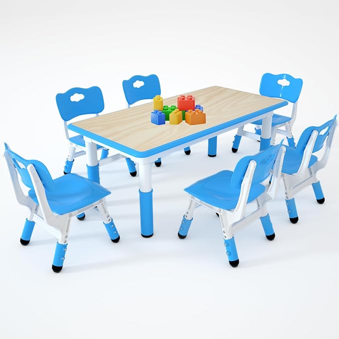 Kids Study Table and 6 Chairs Set,Height Adjustable Table and Chairs for Children and Toddlers,47.2"X23.6"Graffiti Desktop,Suitable for Daycare,Classrooms, Home