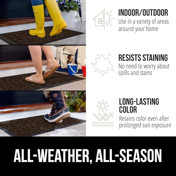 GORILLA GRIP 100% Waterproof All-Season WeatherMax Doormat, 72x24, US Designed Natural Rubber, Stain and Fade Resistant, Low Profile Indoor Outdoor Door Mats, Easy Clean Patio Mat, Dark Brown Pebble