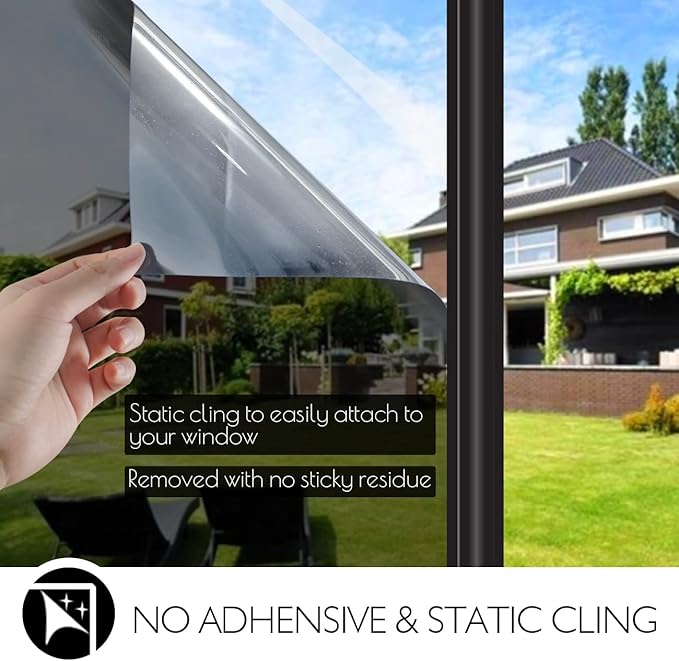 HIDBEA One Way Privacy Window Film, Daytime Mirror Reflective Heat Control UV Sun Blocking Non-Adhesive Static Cling Window Tint for Home and Office(Black-Silver, 55.1 Inch x 32.8 Feet)