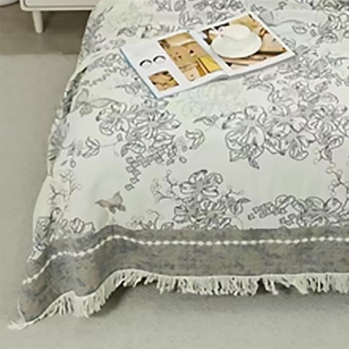 Boho Muslin Blanket for Adults 4-Layer Gauze Twin Size Soft Cozy 100% Cotton Summer Cooling Blanket Floral Decor for Sofa Bed Coverlet Both Sides (Tassels Floral Grey, Twin 60 x 80 in)