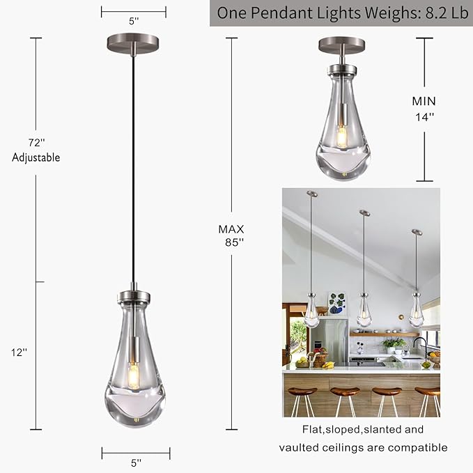 Raindrop Pendant Lights Set of 2, Nickel Pendant Lights Kitchen Island, Brushed Nickel Kitchen Island Light Dining Room Light Fixture, Chandelier for Bedroom Bathroom,Bulb Included