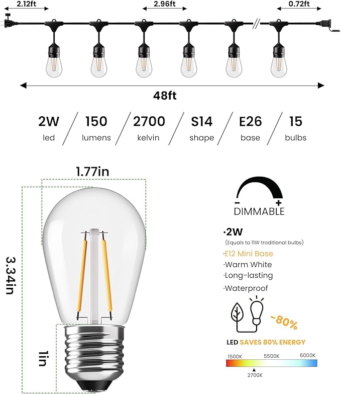 Svater 192 FT Outdoor String Lights 2W, Patio Light for Outside with 64 Antique S14 Plastic LED Bulbs, IP65 Waterproof Hanging Cafe Market Lighting, ETL-Listed Dimmable Warm White (48 FT x 4)