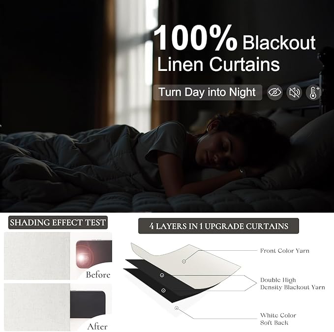 100% Blackout Linen Curtains 144 Inches Long 2 Panels Set for Bedroom Living Room Extra Wide Large Window Back Tab High Ceiling Drapes Patio Sliding Door Earthy Bohemian Cottage Core Decor 12 FT Cream