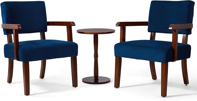 Accent Chair Set of 2 with Table, Living Room Chairs with Velvet Soft Seat & Armrests for Living Room Bedroom Reading Room Waiting Room (Velvet Navy)