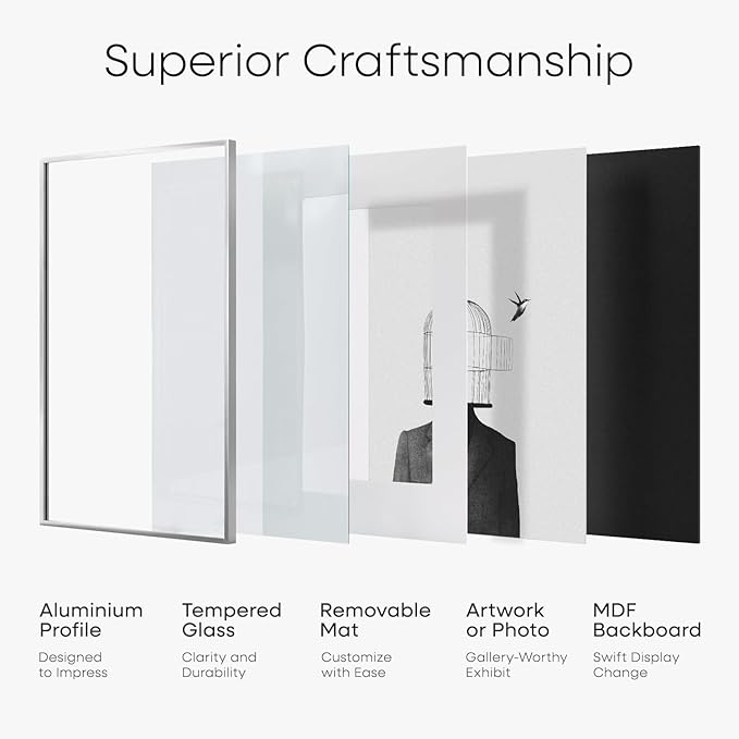 Homeforia Silver 14x17 Picture Frame, High End Metal 14 x 17 Frame with Mat 11 by 14 in Photo, 14x17 Silver Poster Frame Matted to 11x14 Print, 17x14 Hanging Frames, Tempered Glass, Wall Kit, Set of 1