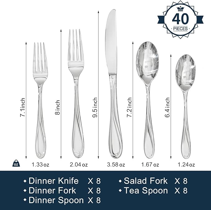 HIKAA Wave Design Silverware Set Service for 8, 40-Piece Artistic Stainless Steel Flatware Set with Fibonacci Pattern, Heavy Duty Mirror Polished Cutlery Set
